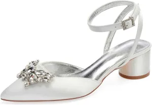 TarfiC Wedding Shoes for Bride Low Heel Women Bridal Shoes Closed Toe Rhinestones Pointed Toe Block Heels Buckle Satin Wedding Bridal Court Shoes