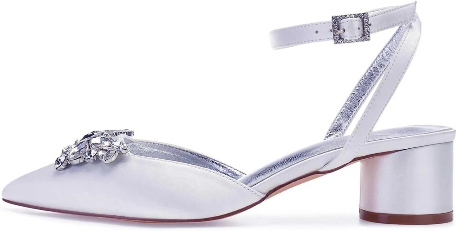 TarfiC Wedding Shoes for Bride Low Heel Women Bridal Shoes Closed Toe Rhinestones Pointed Toe Block Heels Buckle Satin Wedding Bridal Court Shoes