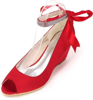 TarfiC Wedding Shoes for Bride Open Toe Bridal Shoes Wedge Rhinestone Pumps Mary Jane Satin Wedding Shoes