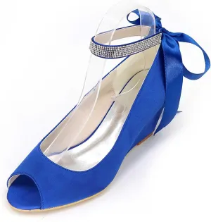 TarfiC Wedding Shoes for Bride Open Toe Bridal Shoes Wedge Rhinestone Pumps Mary Jane Satin Wedding Shoes