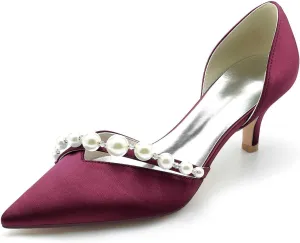 TarfiC Women's Heels for Women,Satin Low Heels,Ivory Heels,Pearl High Heel Closed Pointed Toe Pumps Dress Wedding Shoes for Women