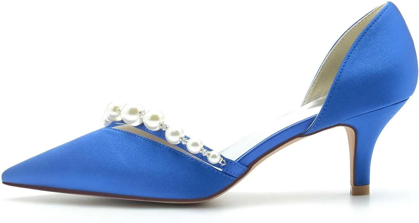 TarfiC Women's Heels for Women,Satin Low Heels,Ivory Heels,Pearl High Heel Closed Pointed Toe Pumps Dress Wedding Shoes for Women