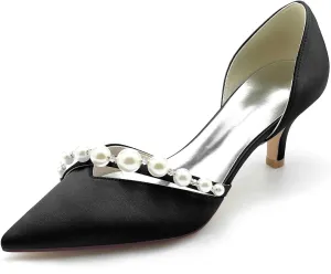 TarfiC Women's Heels for Women,Satin Low Heels,Ivory Heels,Pearl High Heel Closed Pointed Toe Pumps Dress Wedding Shoes for Women