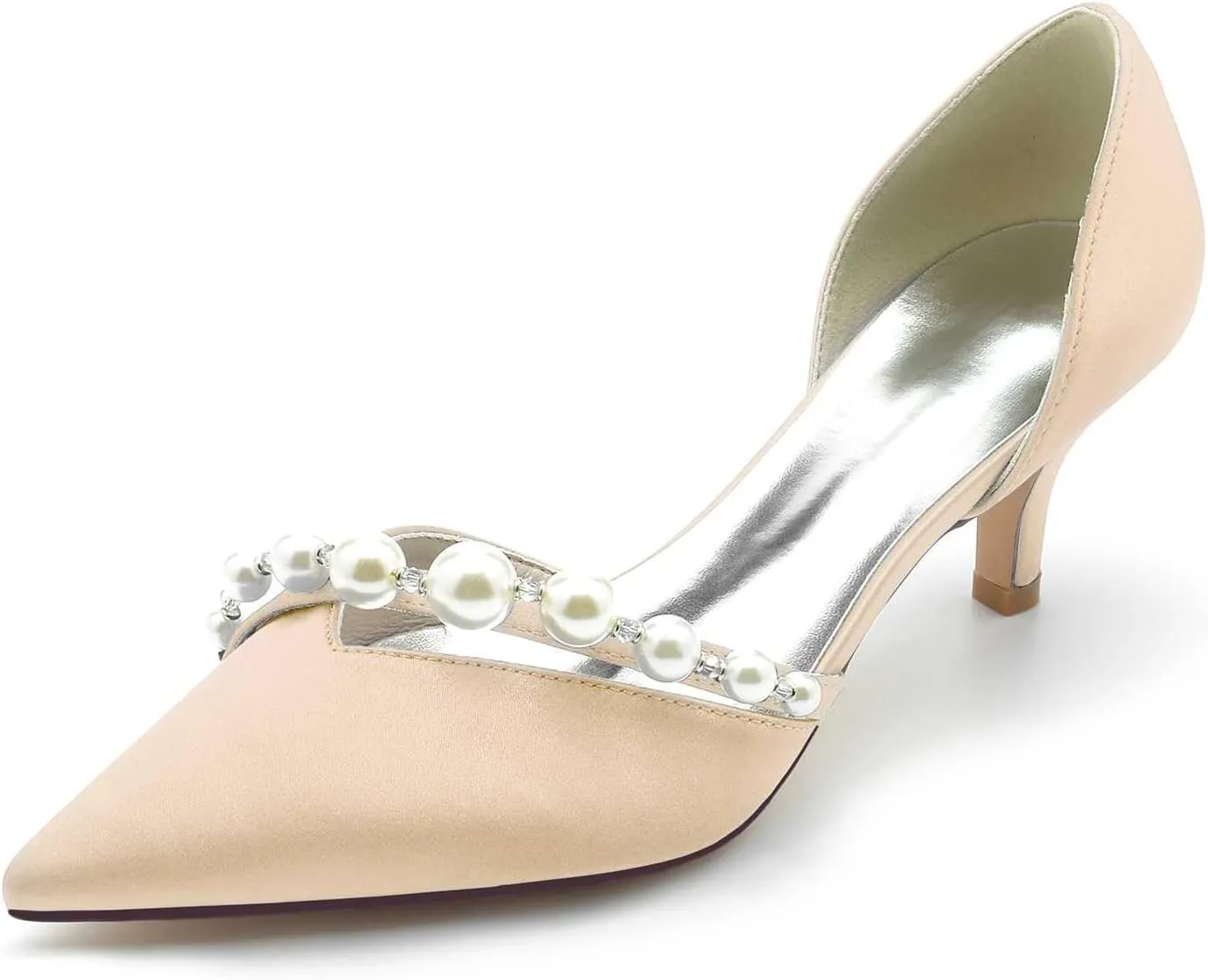 TarfiC Women's Heels for Women,Satin Low Heels,Ivory Heels,Pearl High Heel Closed Pointed Toe Pumps Dress Wedding Shoes for Women
