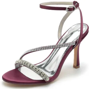 TarfiC Women's High Heel Pumps Open Toe Sandals Satin Kitten Heel Rhinestones Buckle Round Toe Strap Stiletto Bridal Wedding Party Shoes,3.74"