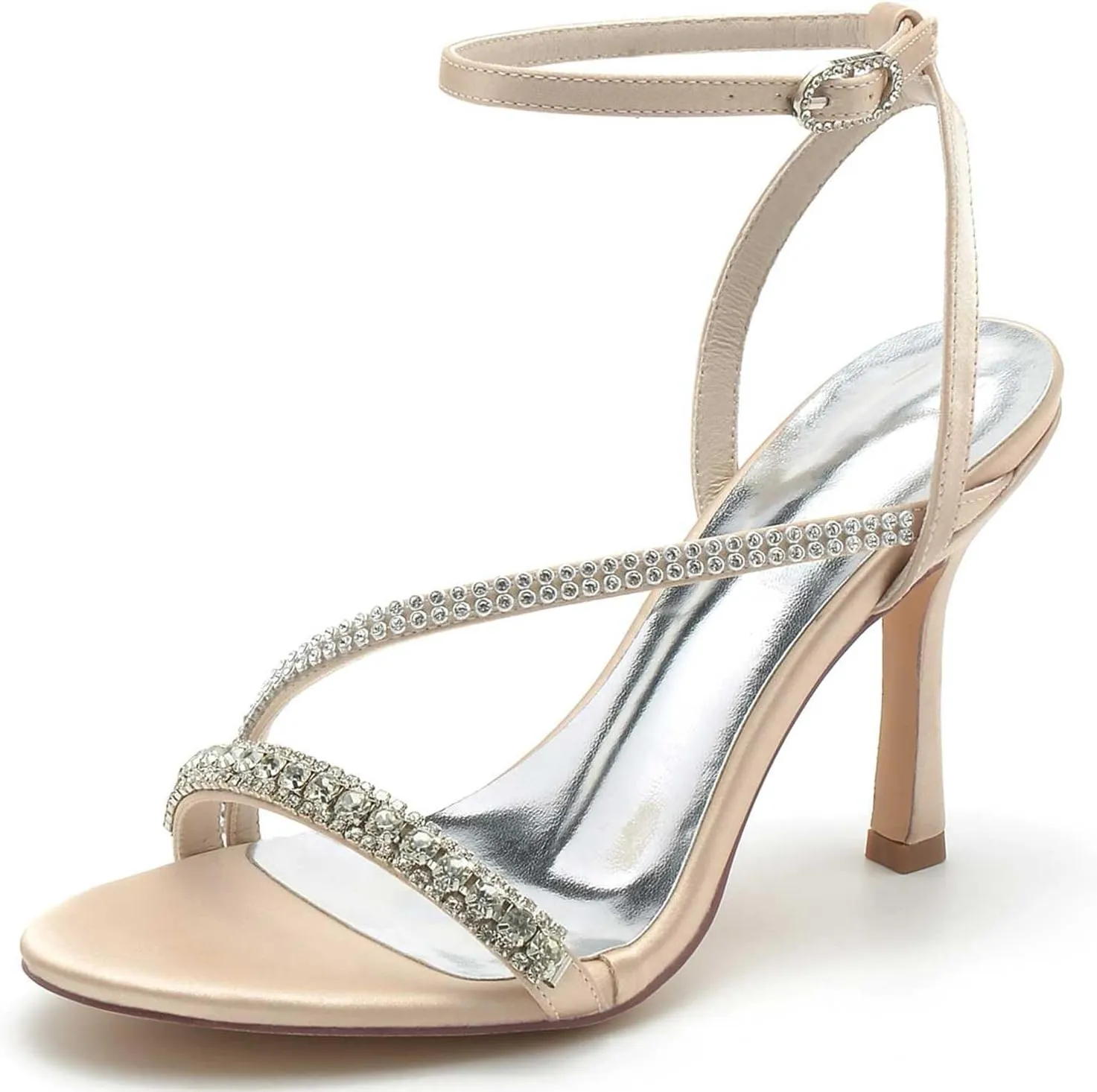 TarfiC Women's High Heel Pumps Open Toe Sandals Satin Kitten Heel Rhinestones Buckle Round Toe Strap Stiletto Bridal Wedding Party Shoes,3.74"