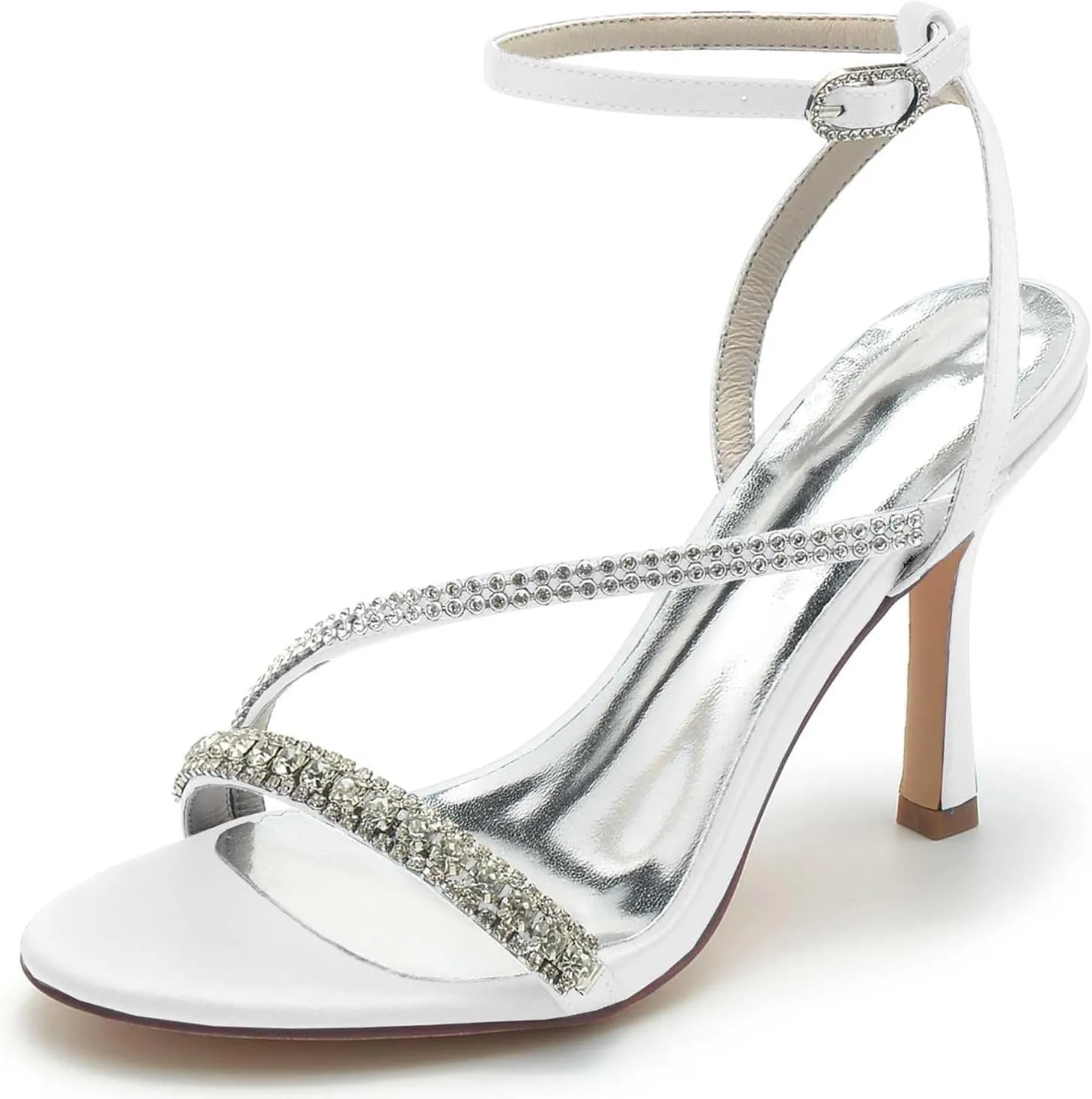 TarfiC Women's High Heel Pumps Open Toe Sandals Satin Kitten Heel Rhinestones Buckle Round Toe Strap Stiletto Bridal Wedding Party Shoes,3.74"