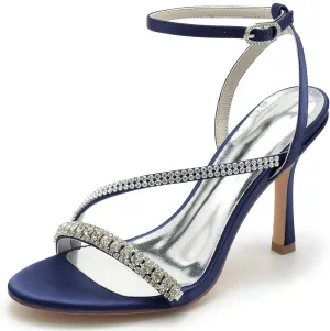 TarfiC Women's High Heel Pumps Open Toe Sandals Satin Kitten Heel Rhinestones Buckle Round Toe Strap Stiletto Bridal Wedding Party Shoes,3.74"