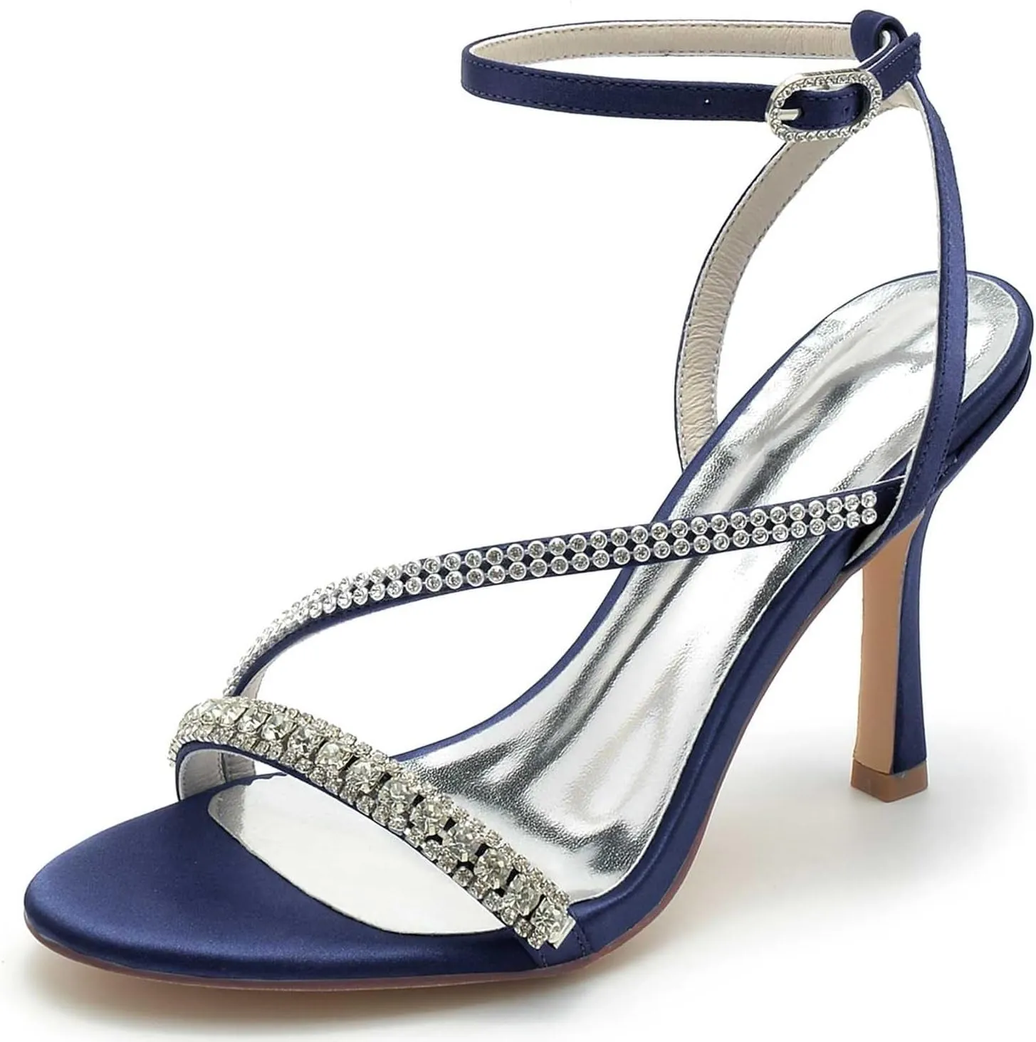 TarfiC Women's High Heel Pumps Open Toe Sandals Satin Kitten Heel Rhinestones Buckle Round Toe Strap Stiletto Bridal Wedding Party Shoes,3.74"