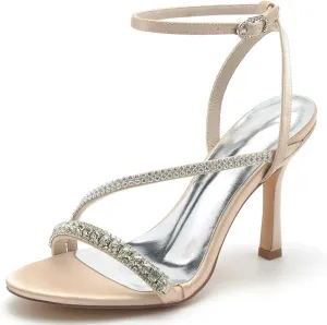 TarfiC Women's High Heel Pumps Open Toe Sandals Satin Kitten Heel Rhinestones Buckle Round Toe Strap Stiletto Bridal Wedding Party Shoes,3.74"