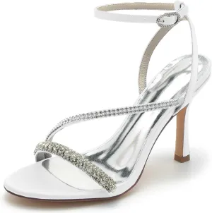 TarfiC Women's High Heel Pumps Open Toe Sandals Satin Kitten Heel Rhinestones Buckle Round Toe Strap Stiletto Bridal Wedding Party Shoes,3.74"