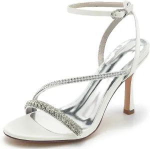 TarfiC Women's High Heel Pumps Open Toe Sandals Satin Kitten Heel Rhinestones Buckle Round Toe Strap Stiletto Bridal Wedding Party Shoes,3.74"