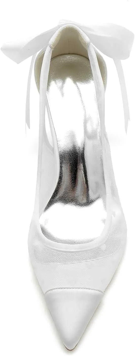 TarfiC Women's High Heel Pumps Slip On Lace Satin Open Toe Mary Jane Pointed Toe Fancy Heel Classic Party Wedding Dress Pump Shoes
