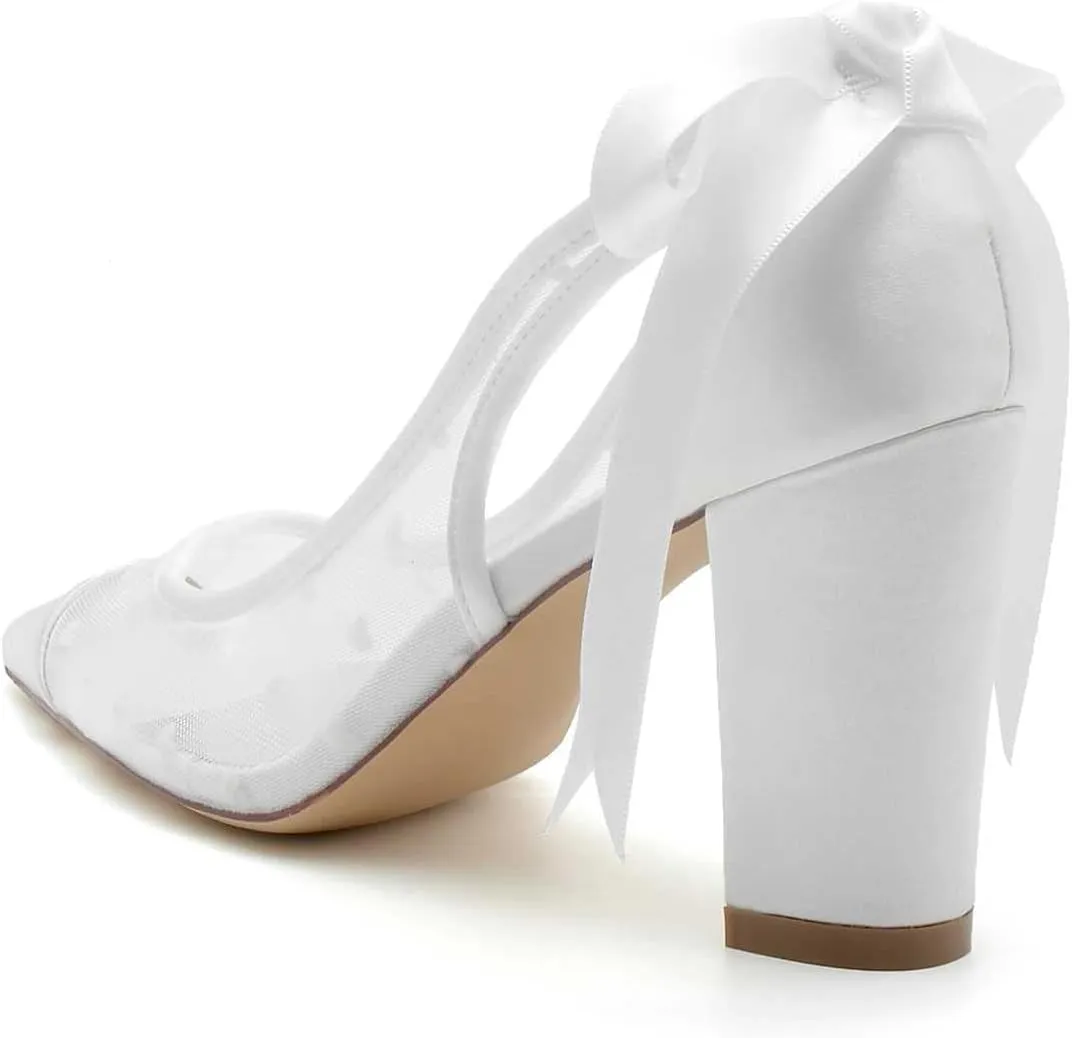 TarfiC Women's High Heel Pumps Slip On Lace Satin Open Toe Mary Jane Pointed Toe Fancy Heel Classic Party Wedding Dress Pump Shoes
