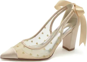 TarfiC Women's High Heel Pumps Slip On Lace Satin Open Toe Mary Jane Pointed Toe Fancy Heel Classic Party Wedding Dress Pump Shoes