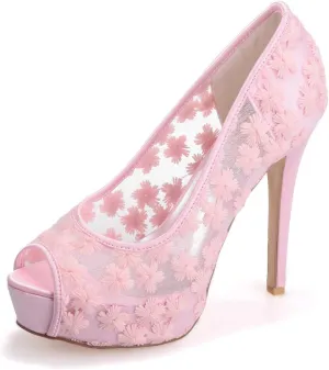 TarfiC Women's Lace Bridal High Heel Peep Toe Sandals, Satin Lace Open Toe Cover Dress Pump, Lace High Heel, Fish Mouth Shoes, Hollow Stitching High Heels