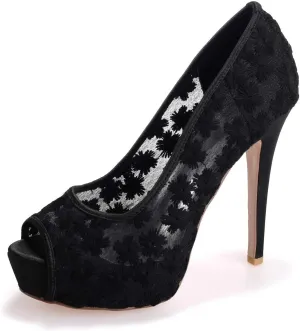 TarfiC Women's Lace Bridal High Heel Peep Toe Sandals, Satin Lace Open Toe Cover Dress Pump, Lace High Heel, Fish Mouth Shoes, Hollow Stitching High Heels
