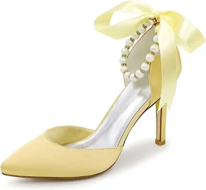 TarfiC Women's Platform Satin High Heels Pumps Closed Toe Pearl Strap Ankle Strap Shoes for Casual Work Wedding Dress Shoes