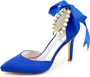 TarfiC Women's Platform Satin High Heels Pumps Closed Toe Pearl Strap Ankle Strap Shoes for Casual Work Wedding Dress Shoes