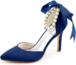 TarfiC Women's Platform Satin High Heels Pumps Closed Toe Pearl Strap Ankle Strap Shoes for Casual Work Wedding Dress Shoes