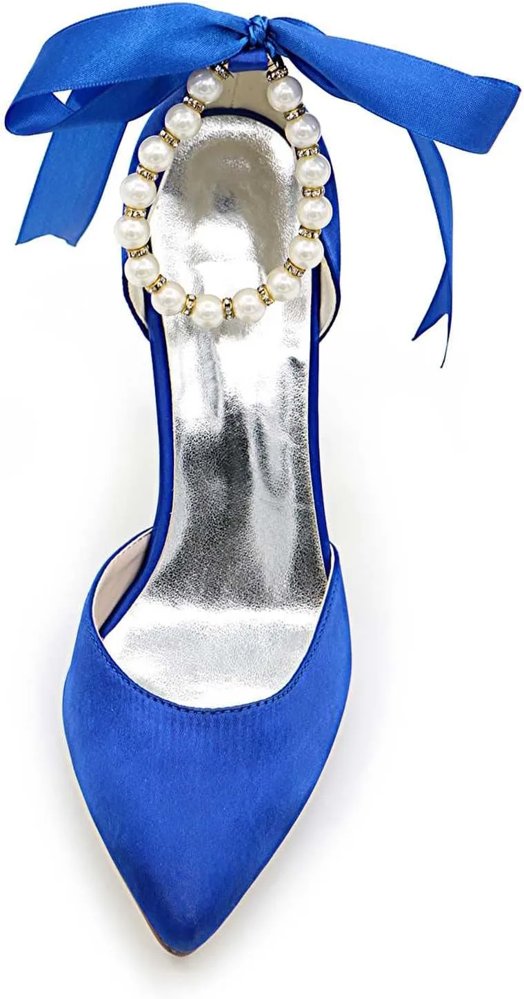 TarfiC Women's Platform Satin High Heels Pumps Closed Toe Pearl Strap Ankle Strap Shoes for Casual Work Wedding Dress Shoes