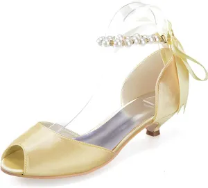 TarfiC Womens Round Toe Heels Pumps Satin Bridal Low Heeled Pearl Sandals Peep Toe Stiletto Work Wedding Dress Shoes