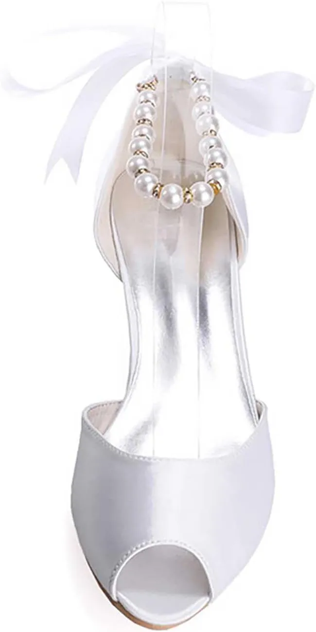 TarfiC Womens Round Toe Heels Pumps Satin Bridal Low Heeled Pearl Sandals Peep Toe Stiletto Work Wedding Dress Shoes