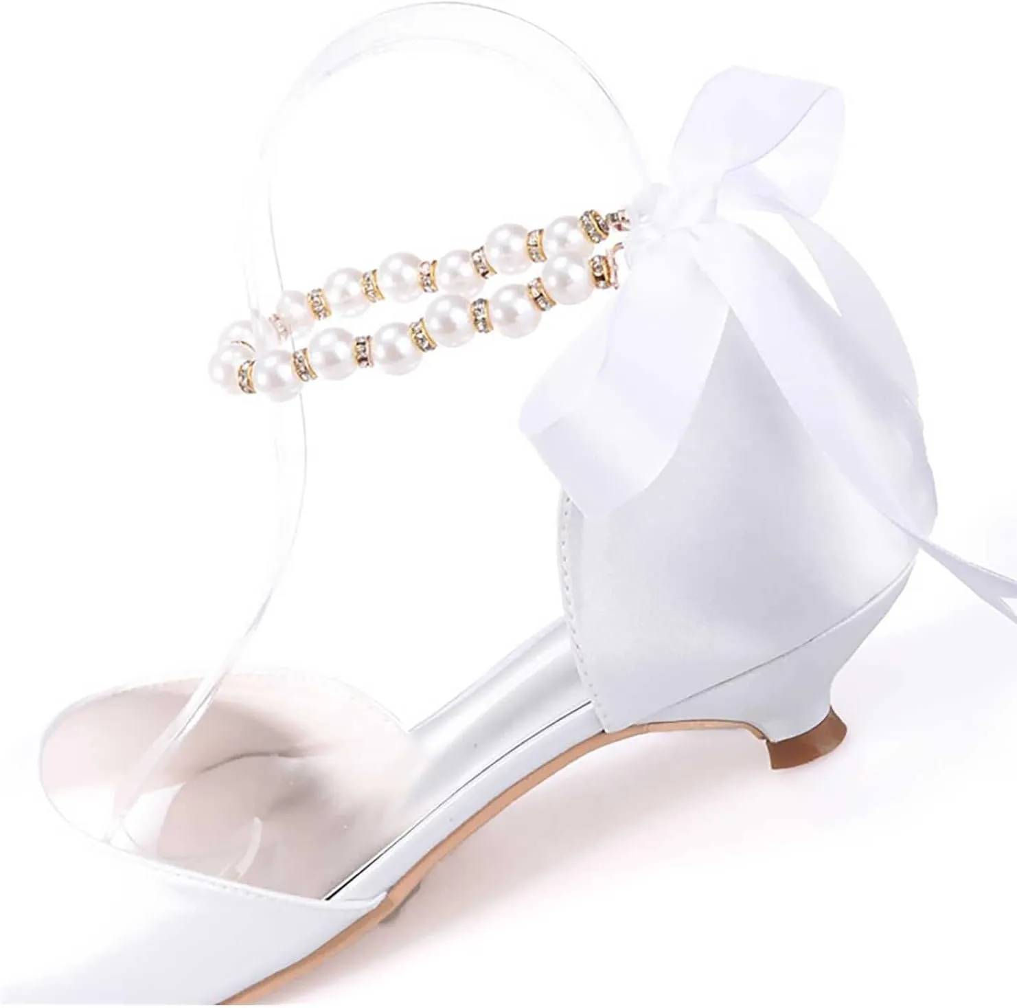 TarfiC Womens Round Toe Heels Pumps Satin Bridal Low Heeled Pearl Sandals Peep Toe Stiletto Work Wedding Dress Shoes