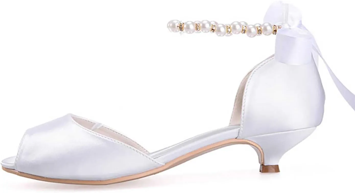 TarfiC Womens Round Toe Heels Pumps Satin Bridal Low Heeled Pearl Sandals Peep Toe Stiletto Work Wedding Dress Shoes
