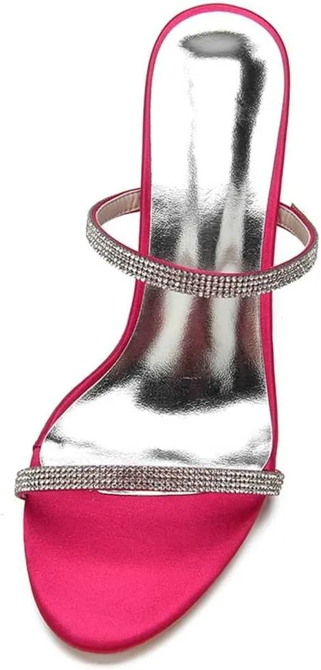 TarfiC Women's Satin Kitten Heels Sandals Slip On Rhinestones Open Toe Backless Dress Sexy Low Heeled Slipper Slides