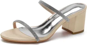TarfiC Women's Satin Kitten Heels Sandals Slip On Rhinestones Open Toe Backless Dress Sexy Low Heeled Slipper Slides