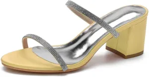 TarfiC Women's Satin Kitten Heels Sandals Slip On Rhinestones Open Toe Backless Dress Sexy Low Heeled Slipper Slides