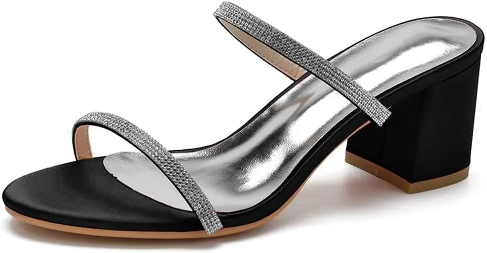 TarfiC Women's Satin Kitten Heels Sandals Slip On Rhinestones Open Toe Backless Dress Sexy Low Heeled Slipper Slides