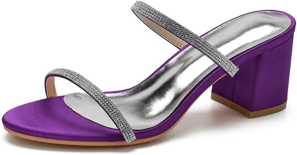 TarfiC Women's Satin Kitten Heels Sandals Slip On Rhinestones Open Toe Backless Dress Sexy Low Heeled Slipper Slides
