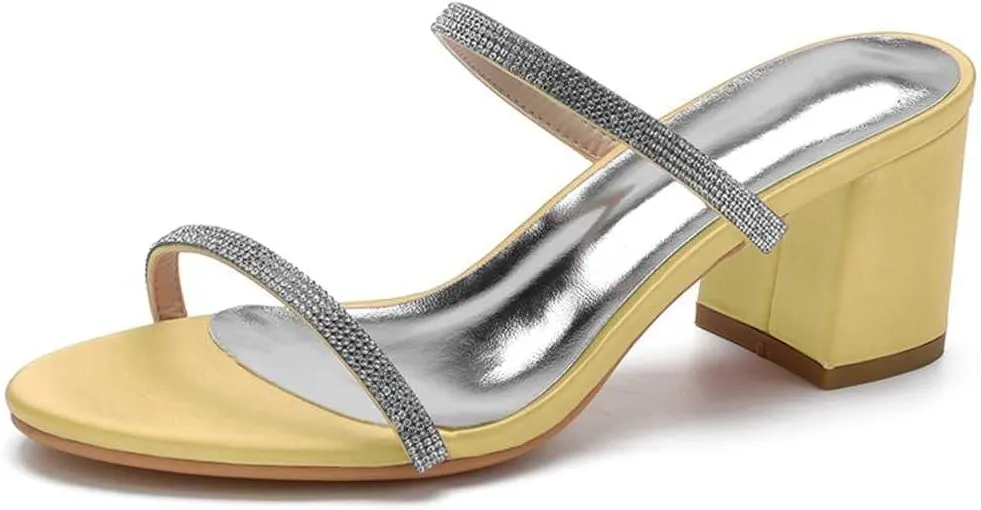 TarfiC Women's Satin Kitten Heels Sandals Slip On Rhinestones Open Toe Backless Dress Sexy Low Heeled Slipper Slides