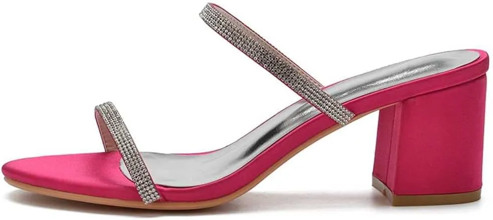 TarfiC Women's Satin Kitten Heels Sandals Slip On Rhinestones Open Toe Backless Dress Sexy Low Heeled Slipper Slides