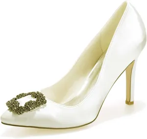 TarfiC Women's Wedding Rhinestones Satin Low Kitten Heels Pumps Dress Evening Shoes for Women Bridal Bride Pumps Shoes