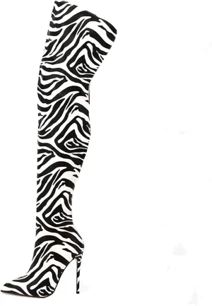 Thigh high boots for women striped Back zipper Burgundy Zebra Print Over the knee Sexy gold white pointed toe Cow Print leopard Magenta stiletto heel