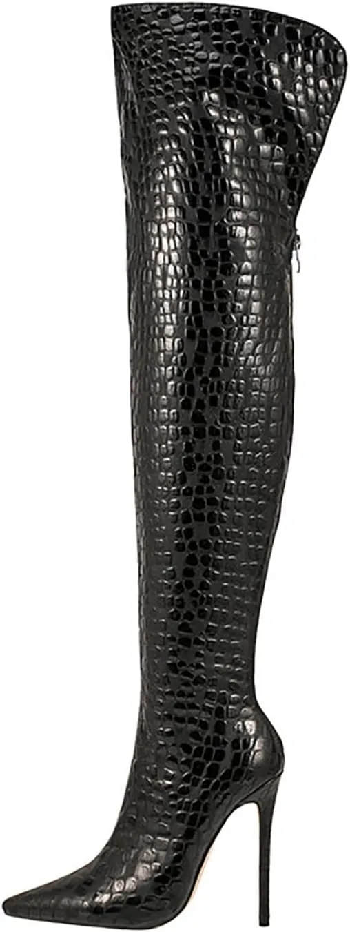 Thigh high boots for women striped Back zipper Burgundy Zebra Print Over the knee Sexy gold white pointed toe Cow Print leopard Magenta stiletto heel