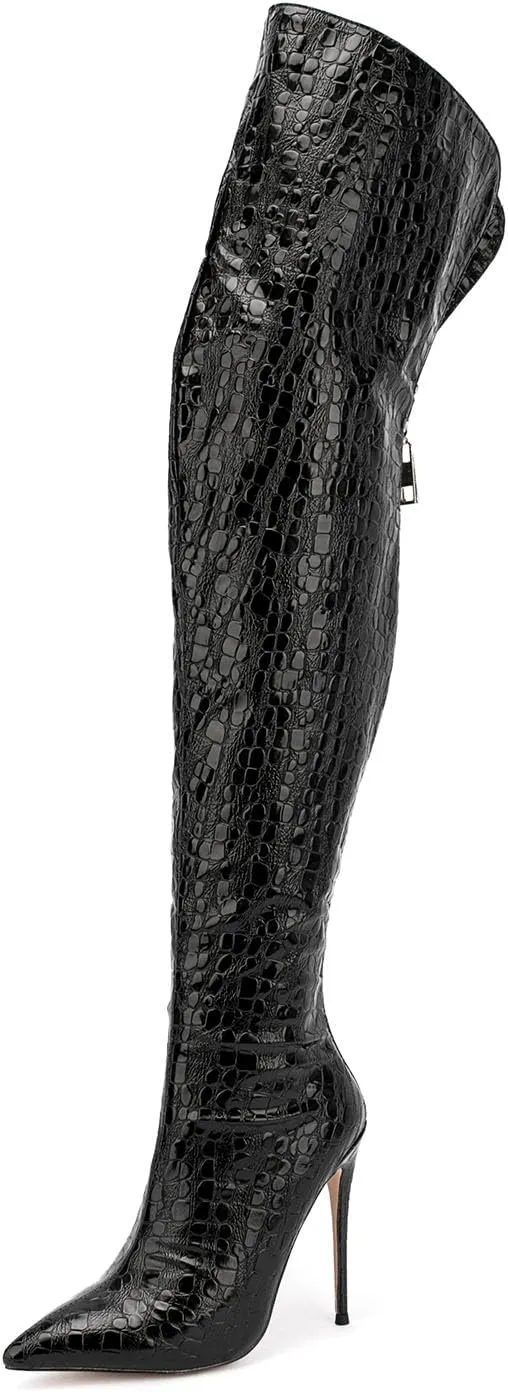 Thigh high boots for women striped Back zipper Burgundy Zebra Print Over the knee Sexy gold white pointed toe Cow Print leopard Magenta stiletto heel
