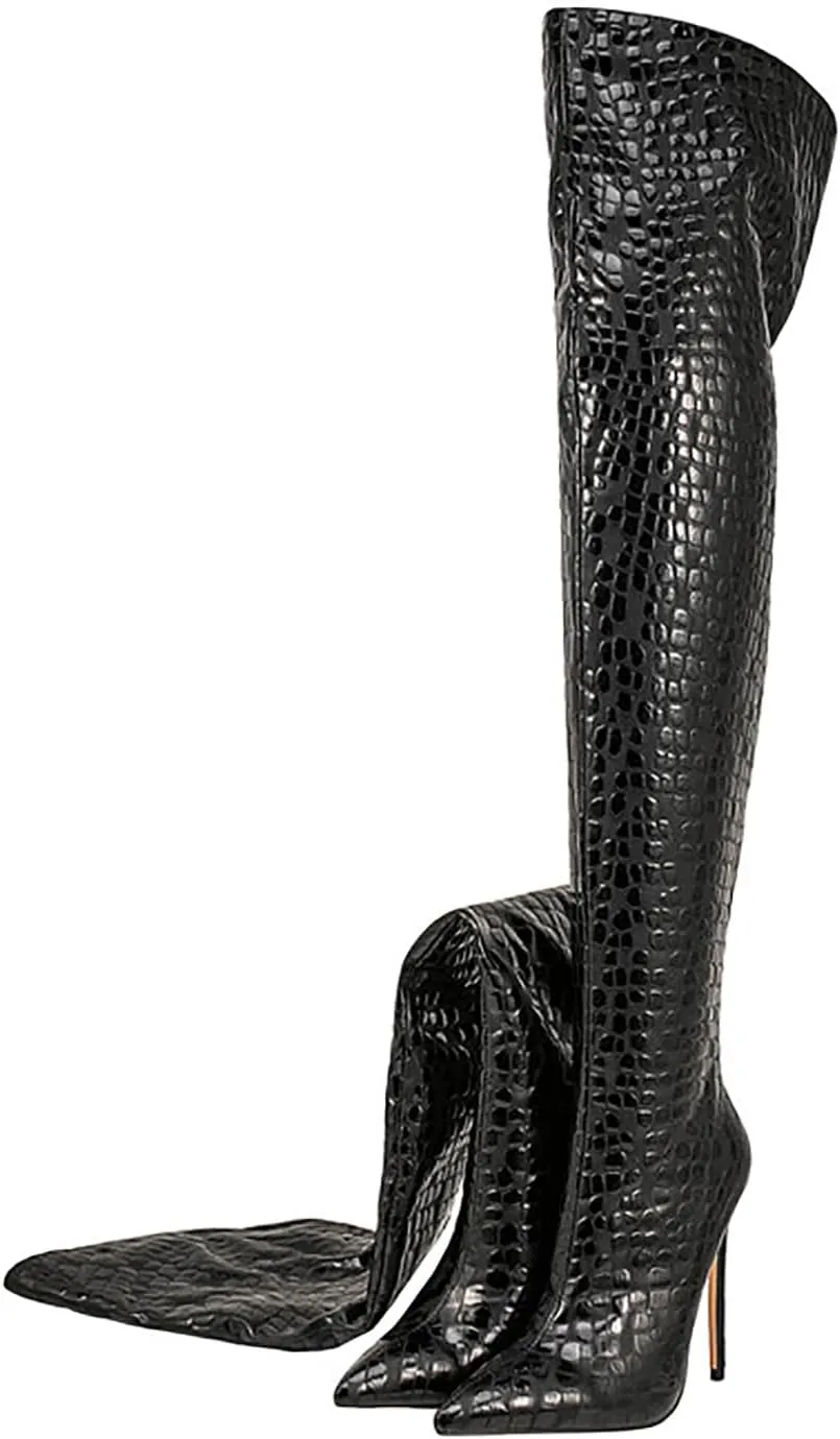 Thigh high boots for women striped Back zipper Burgundy Zebra Print Over the knee Sexy gold white pointed toe Cow Print leopard Magenta stiletto heel