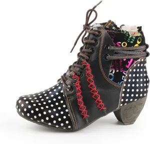 TMA EYES Women's Leather Ankle Boots with Low heel Polka dot pattern and Faux Fur Lining