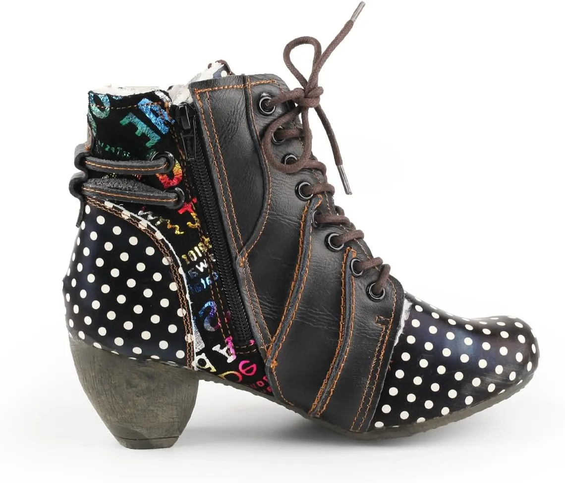 TMA EYES Women's Leather Ankle Boots with Low heel Polka dot pattern and Faux Fur Lining