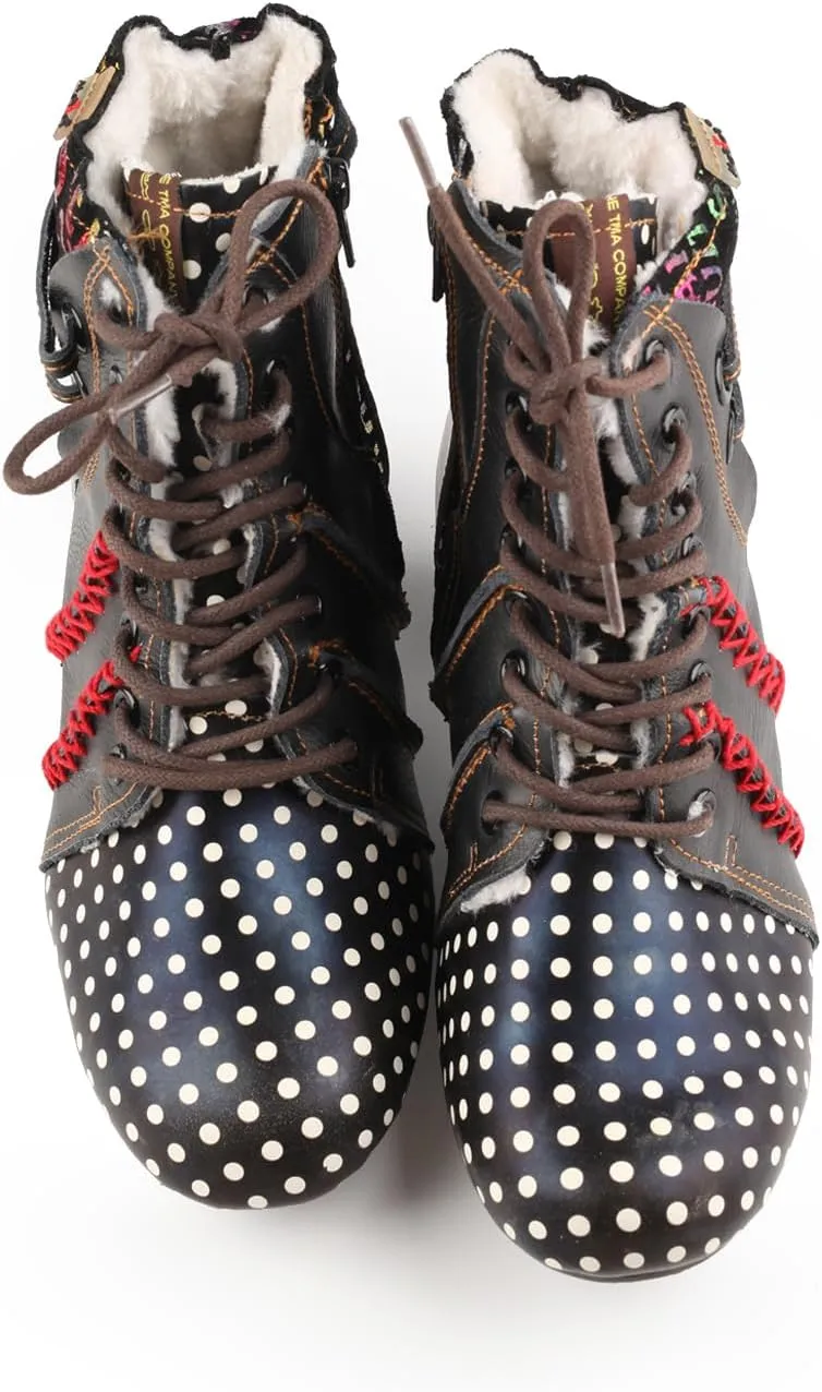 TMA EYES Women's Leather Ankle Boots with Low heel Polka dot pattern and Faux Fur Lining