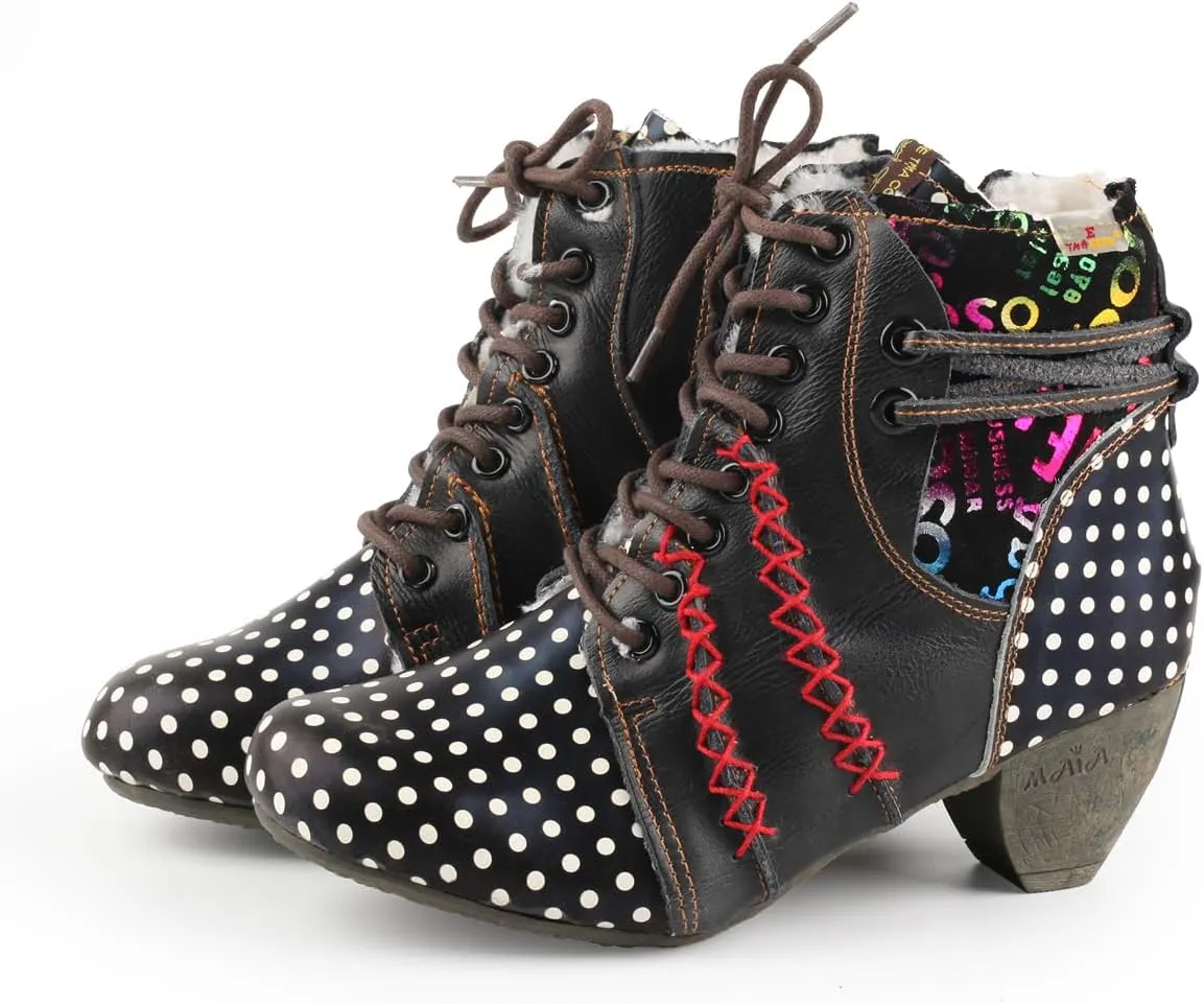 TMA EYES Women's Leather Ankle Boots with Low heel Polka dot pattern and Faux Fur Lining