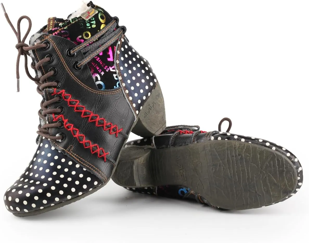 TMA EYES Women's Leather Ankle Boots with Low heel Polka dot pattern and Faux Fur Lining