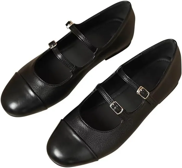 TN TANGNEST Leather Flats for Women Comfortable Round Toe Slip On Ballet Flats Retro Dress Mary Jane Flats
