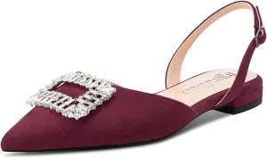 TNYNFBEB Women Chunky Block Low Heel Pointed Toe Flats Shoes Slingback Buckle Rhinestone Crystal Party Cute 0.6 Inches Heels