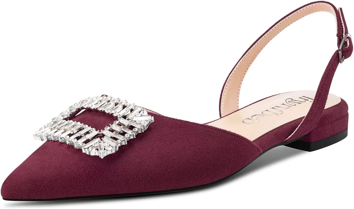 TNYNFBEB Women Chunky Block Low Heel Pointed Toe Flats Shoes Slingback Buckle Rhinestone Crystal Party Cute 0.6 Inches Heels