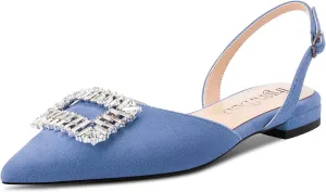 TNYNFBEB Women Chunky Block Low Heel Pointed Toe Flats Shoes Slingback Buckle Rhinestone Crystal Party Cute 0.6 Inches Heels